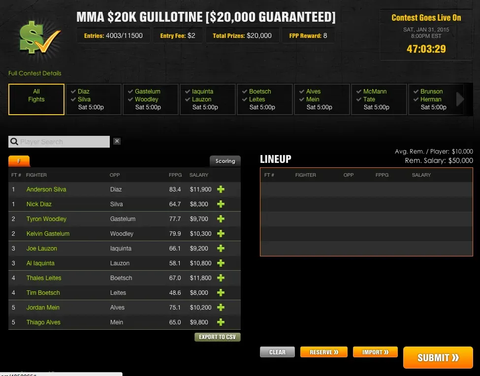 DraftKings UFC 183 Lobby