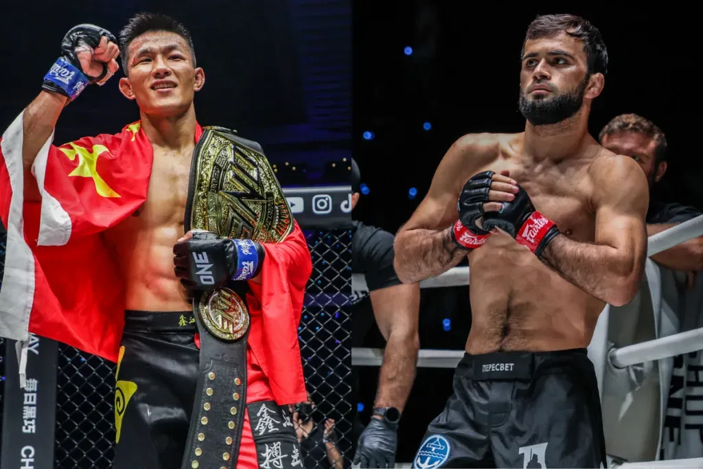Split screen of ONE Fight Night 42 fighters Tang Kai and Shamil Gasanov
