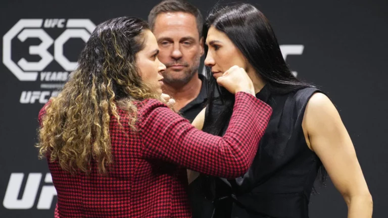 UFC women's bantamweight champion Amanda Nunes faces off against Irene Aldana before their clash at UFC 289.