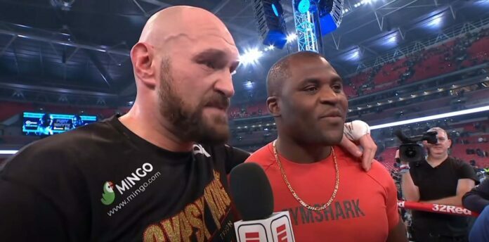Tyson Fury and Francis Ngannou after Fury's victory over Derek Chisora in December 2022.
