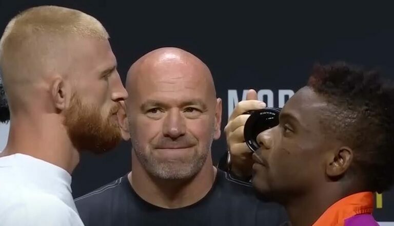 Bo Nickal and Valentine Woodburn face off at the UFC 290 press conference.