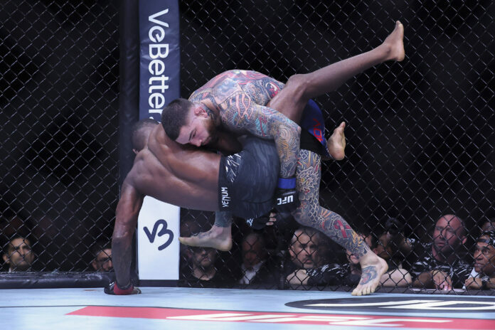 The MMA octagon and mat was lit up for the fights on March 22, 2025