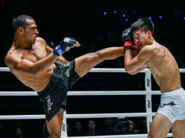 Grappling Champ Targets Head-Kick Knockout at ONE 173 Tye Ruotolo throws a head kick at Adrian Lee in his first MMA fight