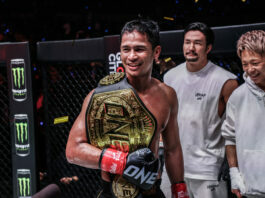 Superbon celebrates his ONE 172 win with the ONE Championship belt in the Circle